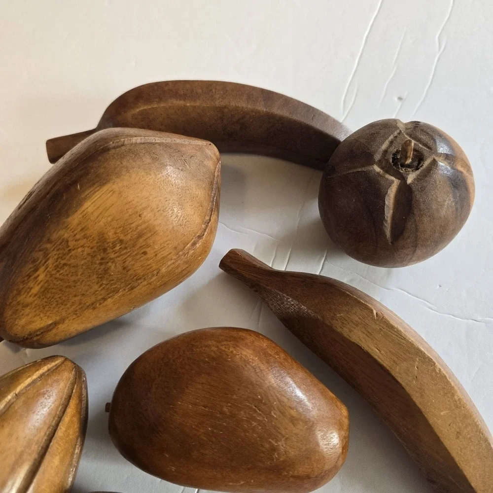 MCM Wood Fruit Hand Carved Fruit Vegetables Brazil Lot Of 7 Banana Apple Pear